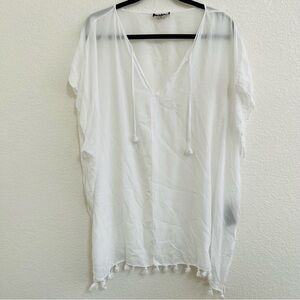 DKNY Sheer White Cover Up Tassel Kaftan Tunic S/M Boho Beach